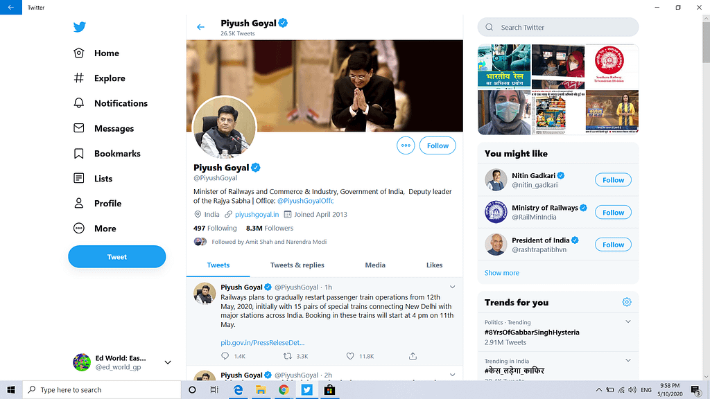 Piyush Goyal Tweet on 10 May 2020